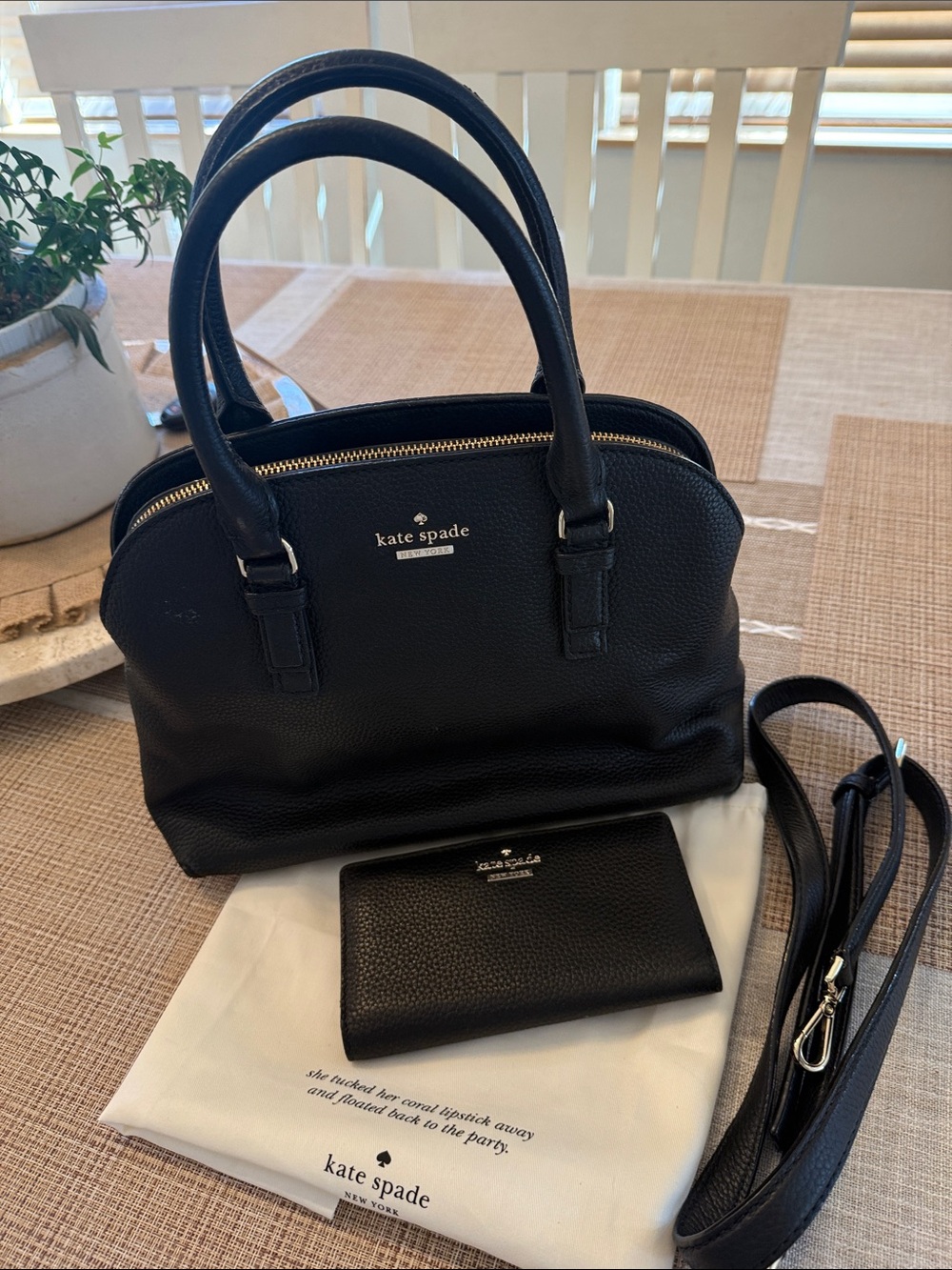 kate spade Black Pebbled Leather Dome Satchel with Detachable Strap and Wallet.